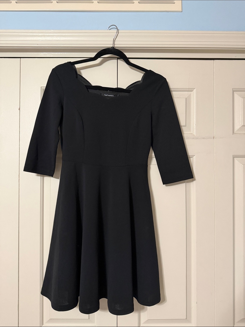Classic Black Fit & Flare Dress with scallop neckline, size Small NWT